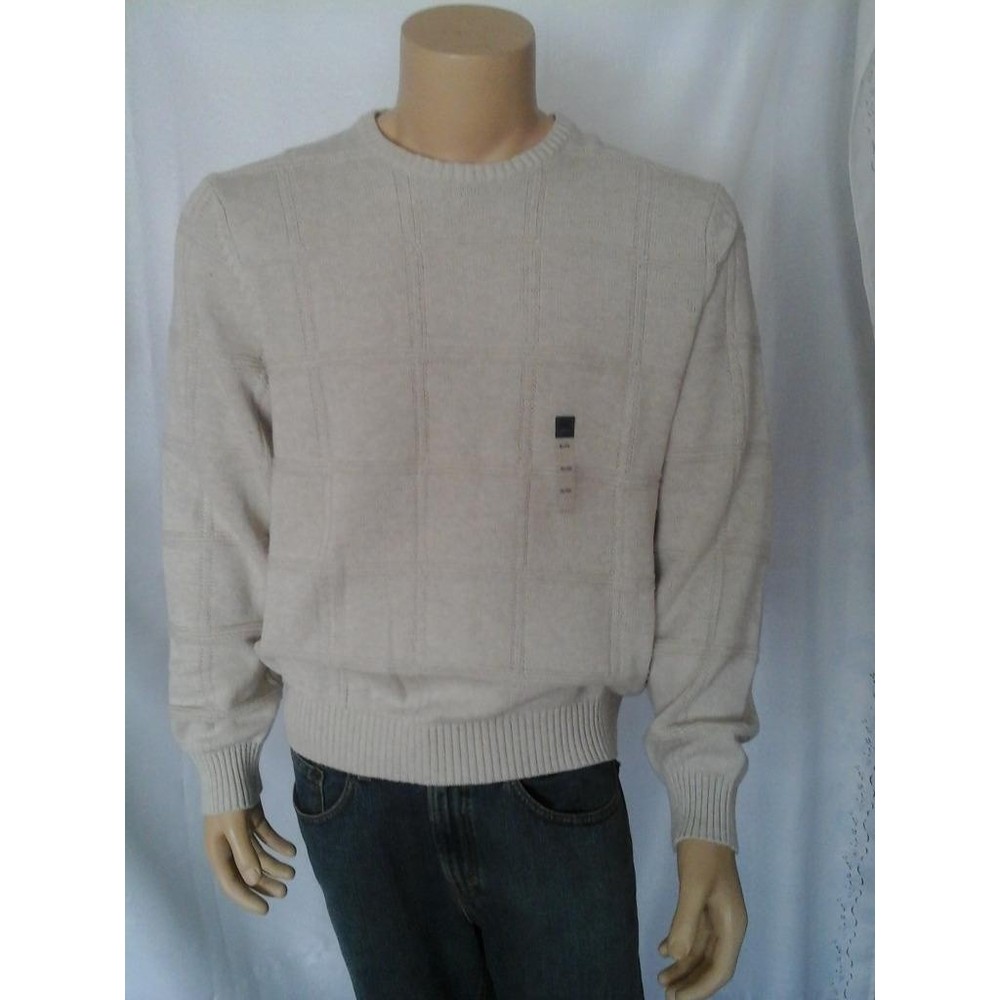 ARROW Sweater Solid Beige Window Pane Knit 100% Cotton Crewneck Mens XL …
